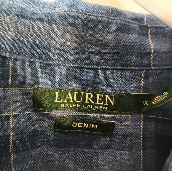 Lauren Ralph Lauren Womens 1X Long Sleeve Linen Shirt Blue Plaid Button Classic - Picture 4 of 10